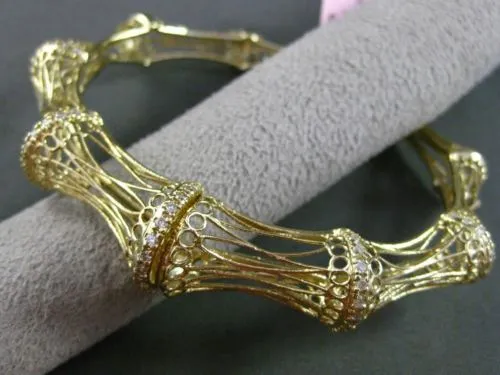 ESTATE WIDE .65CT DIAMOND 14KT YELLOW GOLD OPEN FILIGREE BAMBOO BANGLE BRACELET