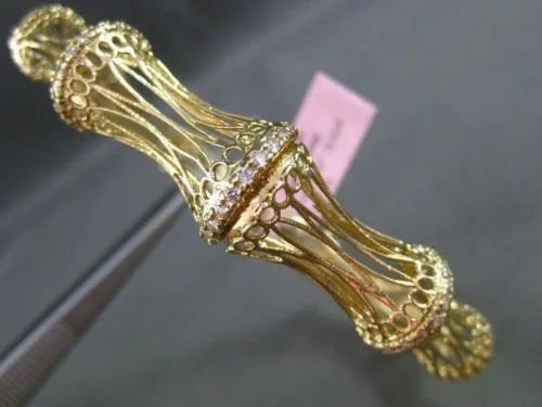 ESTATE WIDE .65CT DIAMOND 14KT YELLOW GOLD OPEN FILIGREE BAMBOO BANGLE BRACELET