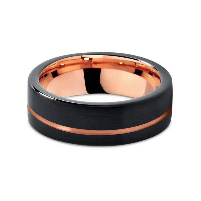 Flat Rose Gold Grooved Tungsten Carbide Ring