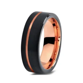 Flat Rose Gold Grooved Tungsten Carbide Ring