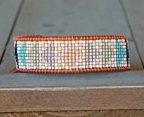 Geometric Triangle Bead Loom Woven Bracelet in Gray, Navy, Blush and Rose Gold