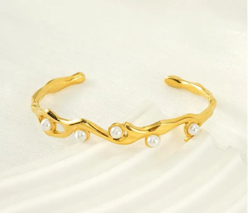 Gold Wave Cuff Bracelet with Pearl Accents – Trendy Coastal Jewelry