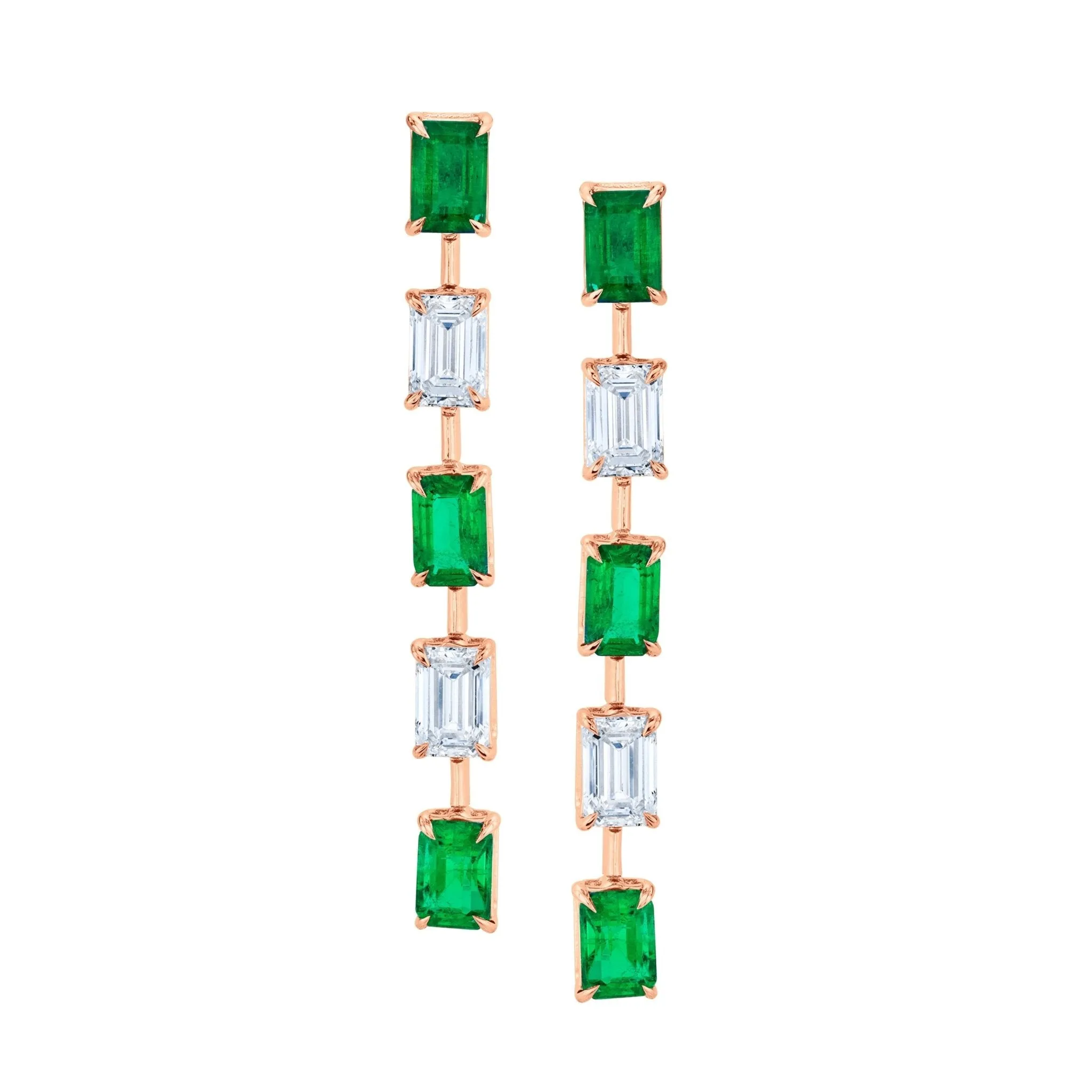 Green Emeralds and Emerald-cut Diamond Earrings