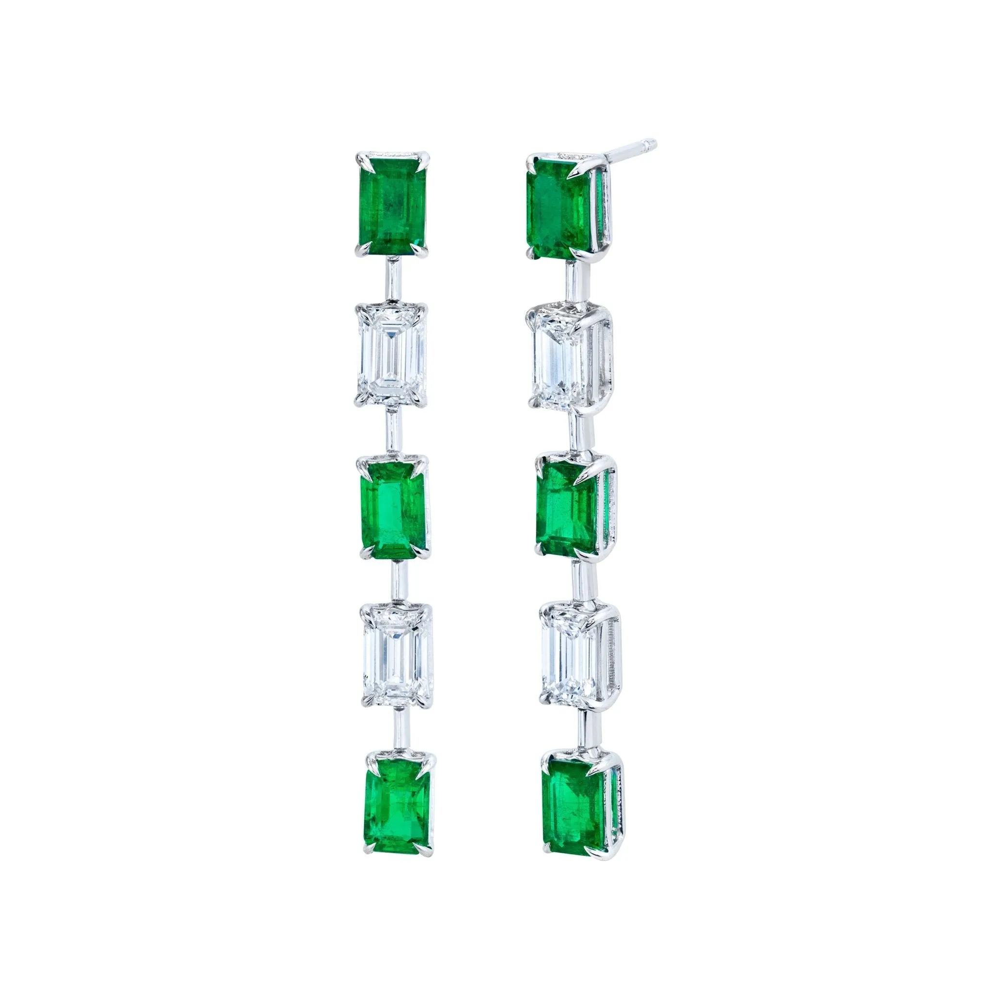 Green Emeralds and Emerald-cut Diamond Earrings