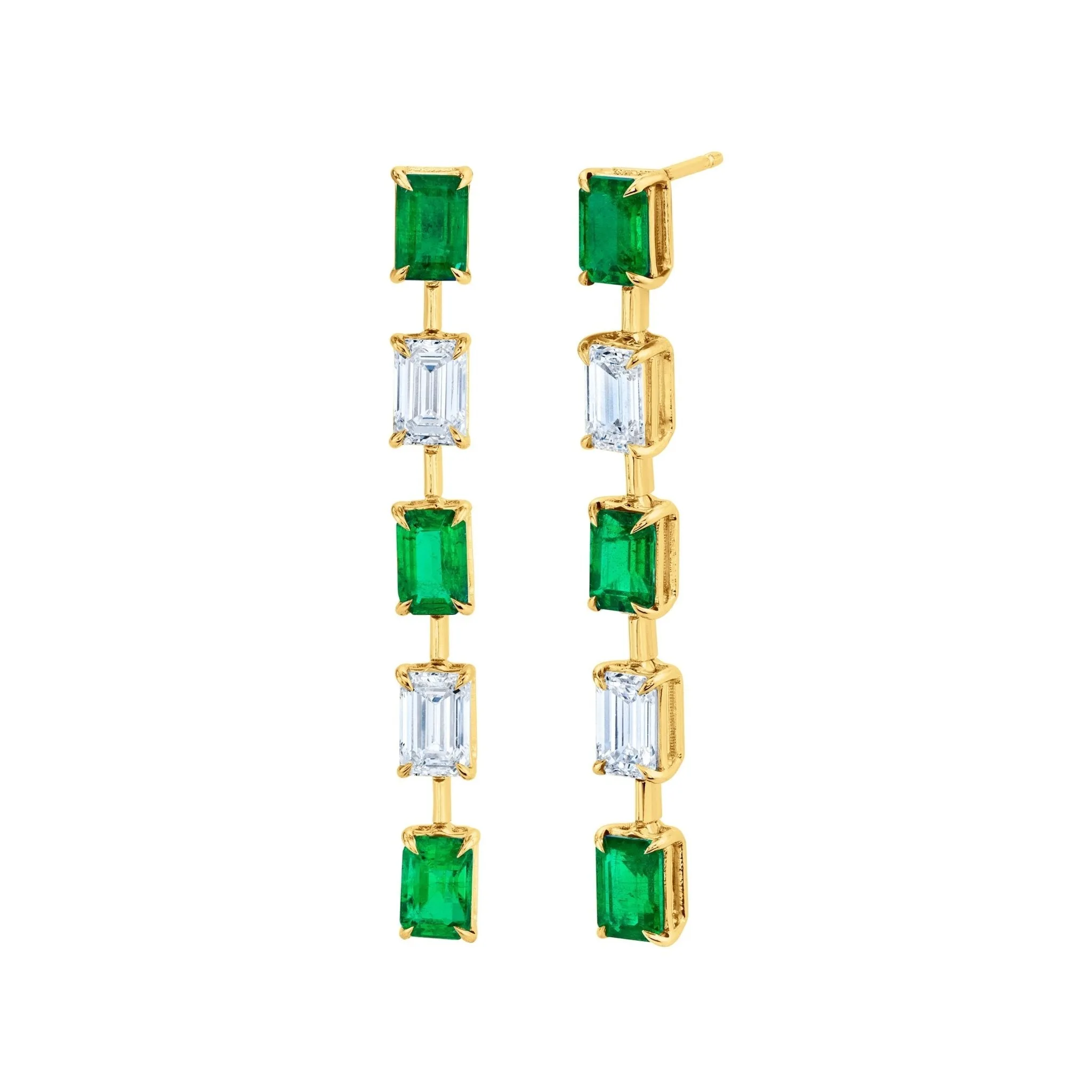 Green Emeralds and Emerald-cut Diamond Earrings