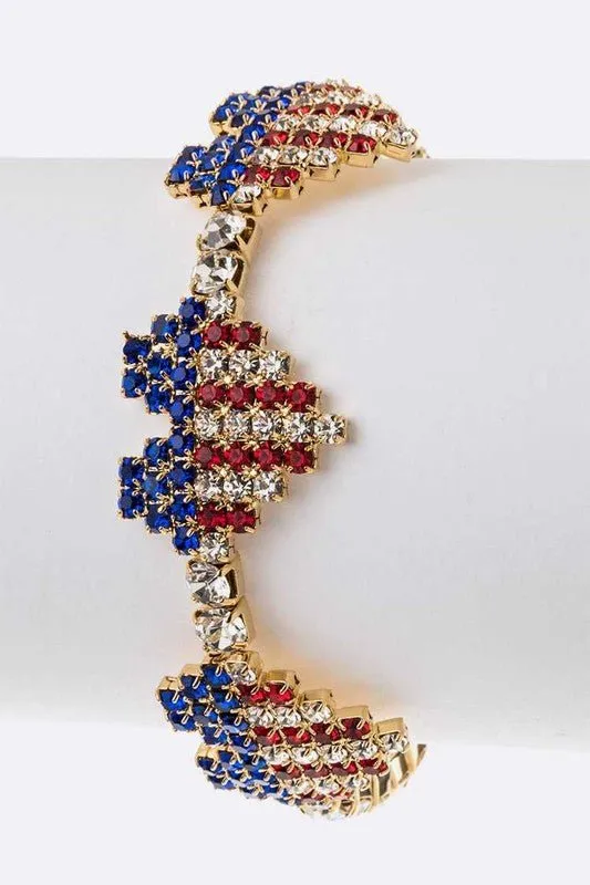 Heart Rhinestone USA Flag Cuff Bracelet