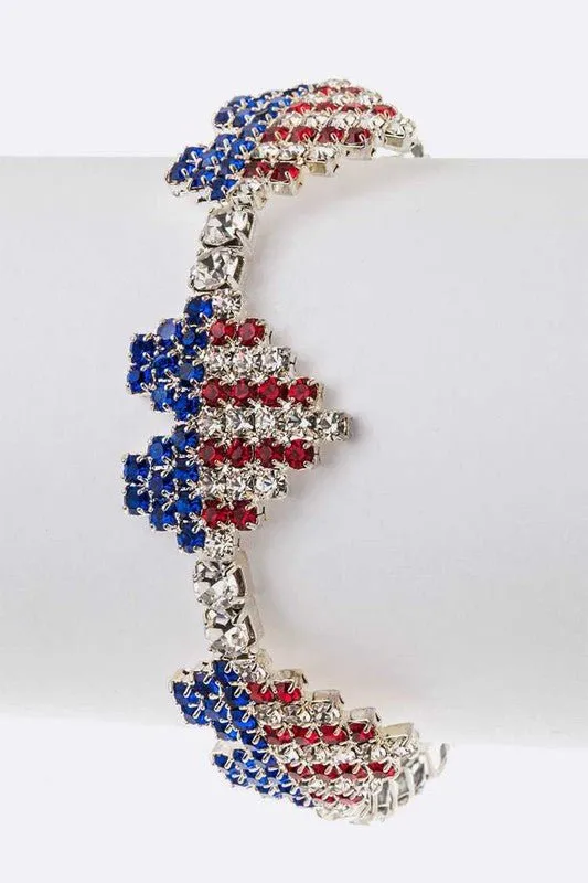Heart Rhinestone USA Flag Cuff Bracelet