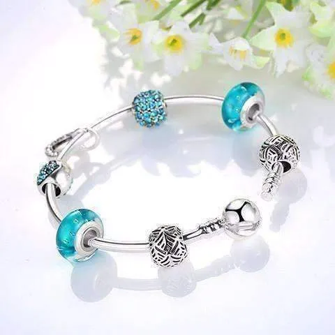 Inspiration Aqua Glass & Crystal Hearts Silver Bangle Bracelet for Woman