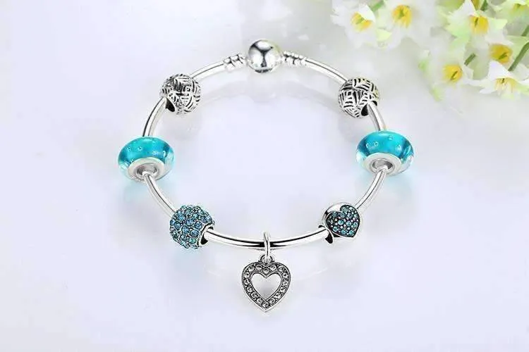 Inspirational Heart Aqua Crystal Charm Collection Silver Bangle Bracelet **dont use***