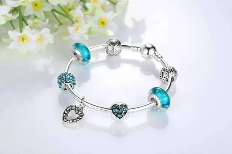 Inspirational Heart Aqua Crystal Charm Collection Silver Bangle Bracelet **dont use***