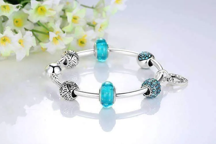 Inspirational Heart Aqua Crystal Charm Collection Silver Bangle Bracelet **dont use***