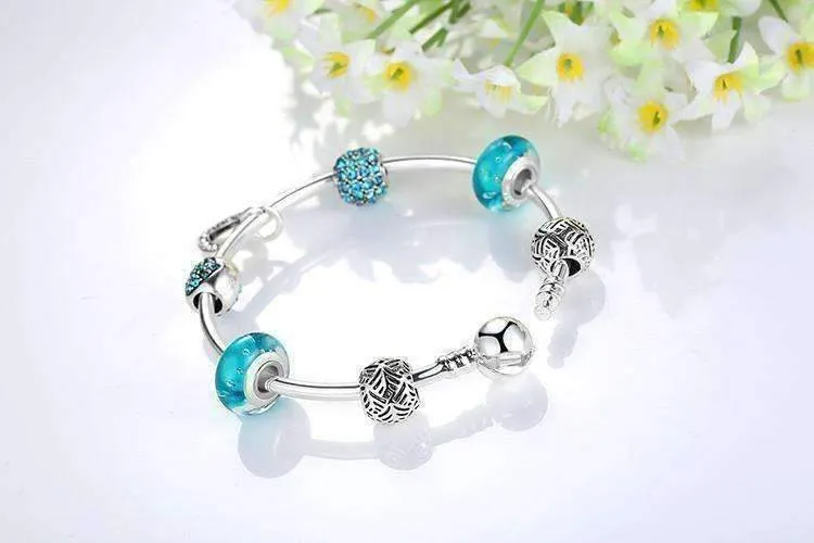 Inspirational Heart Aqua Crystal Charm Collection Silver Bangle Bracelet **dont use***
