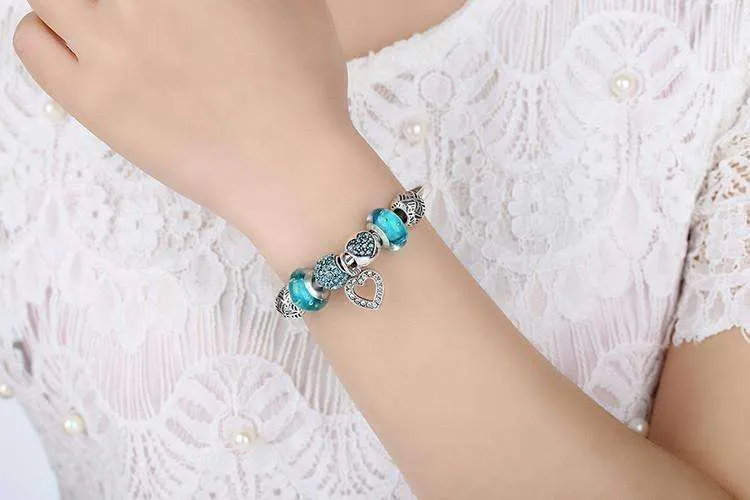 Inspirational Heart Aqua Crystal Charm Collection Silver Bangle Bracelet **dont use***