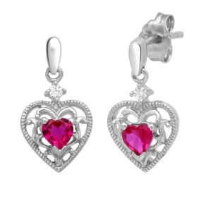 Jewelili Sterling Silver with Created Ruby and White Cubic Zirconia Filigree Heart Dangle Earrings