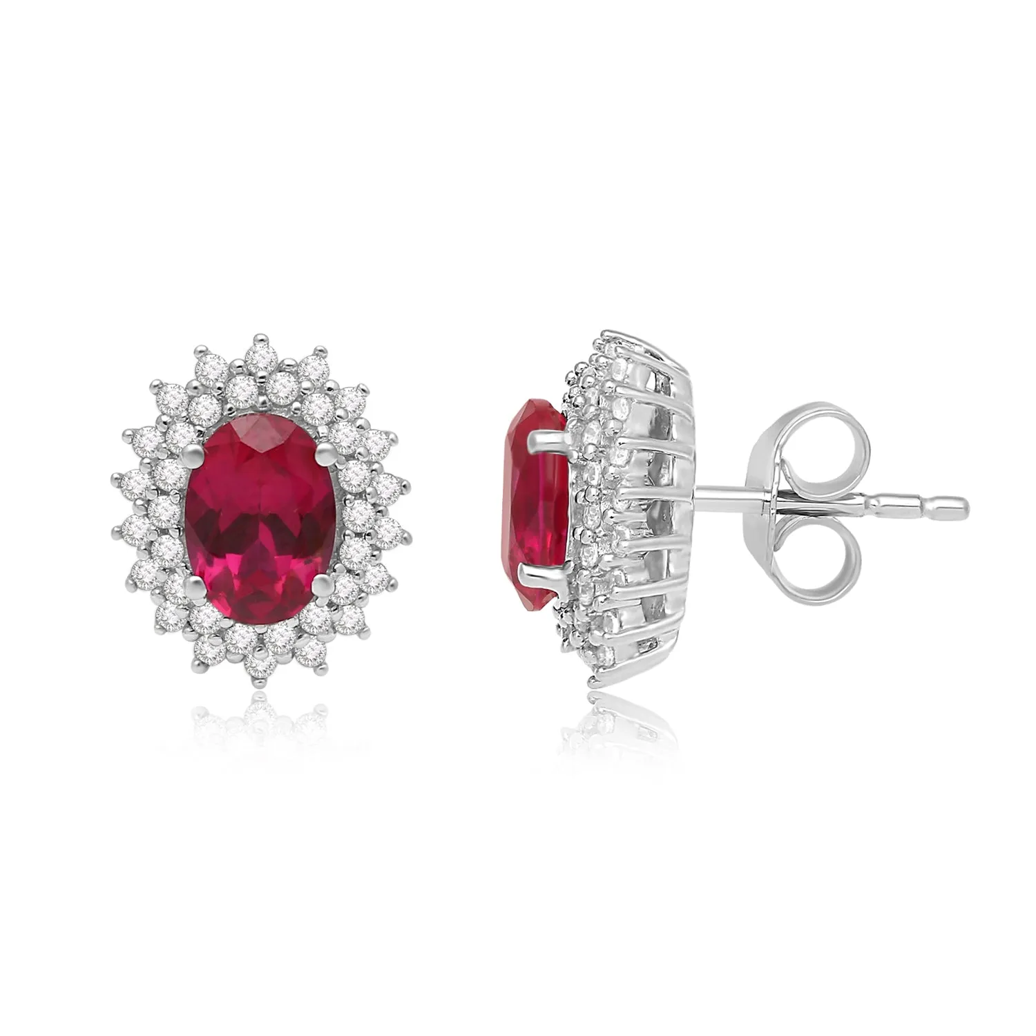Jewelili Sterling Silver with Oval Shape Created Ruby and Round Created White Sapphire Stud Earrings