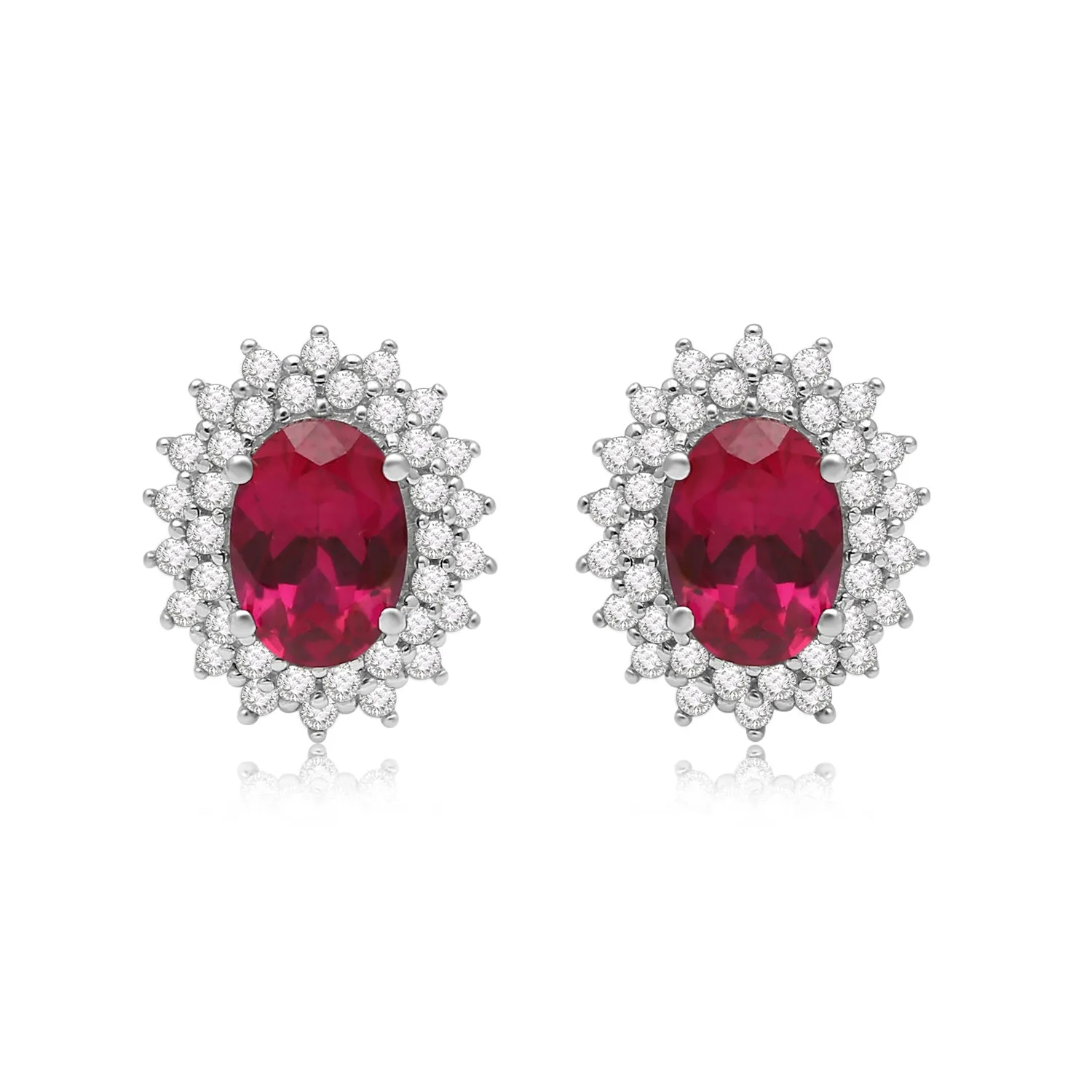 Jewelili Sterling Silver with Oval Shape Created Ruby and Round Created White Sapphire Stud Earrings
