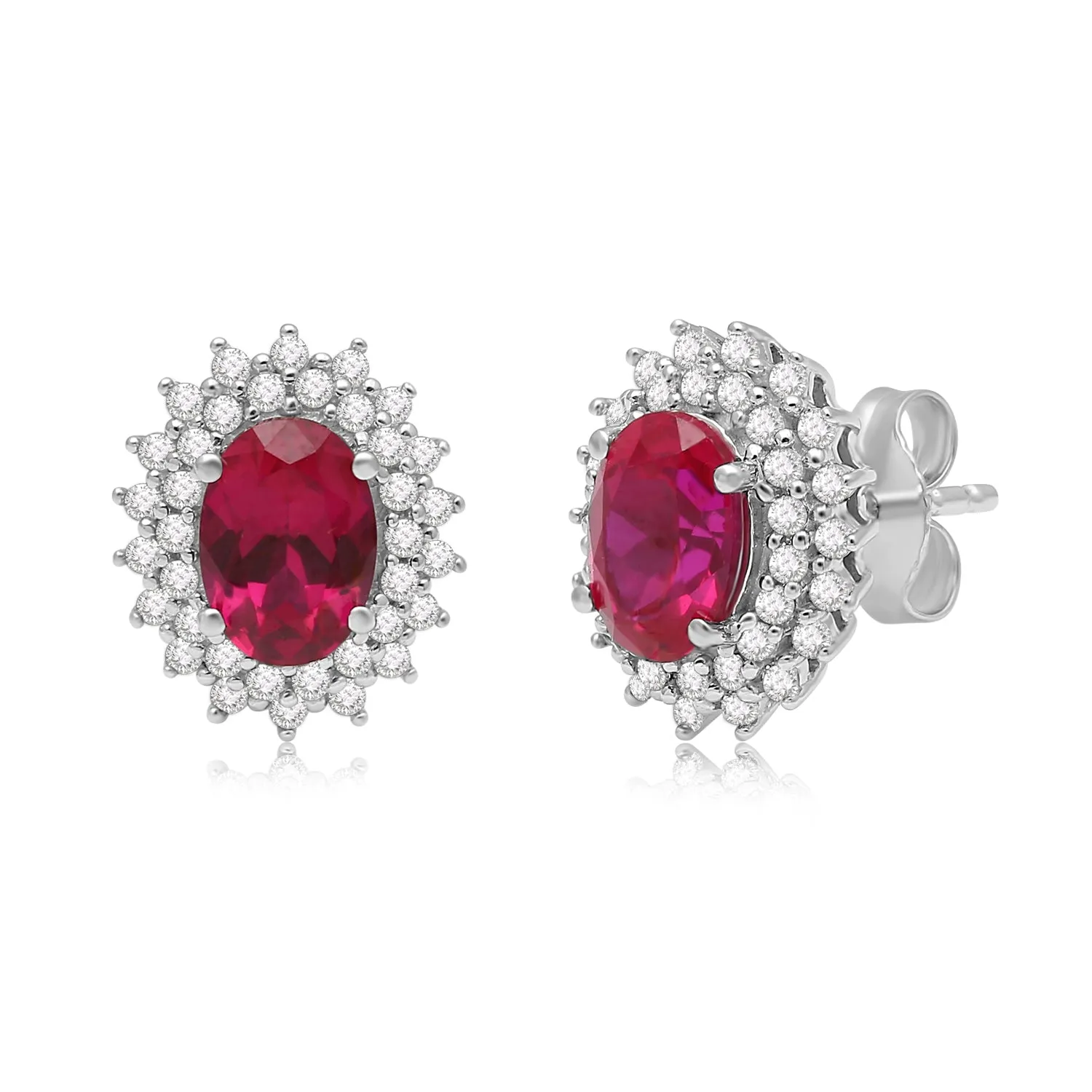 Jewelili Sterling Silver with Oval Shape Created Ruby and Round Created White Sapphire Stud Earrings