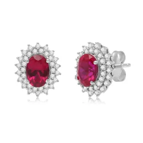 Jewelili Sterling Silver with Oval Shape Created Ruby and Round Created White Sapphire Stud Earrings