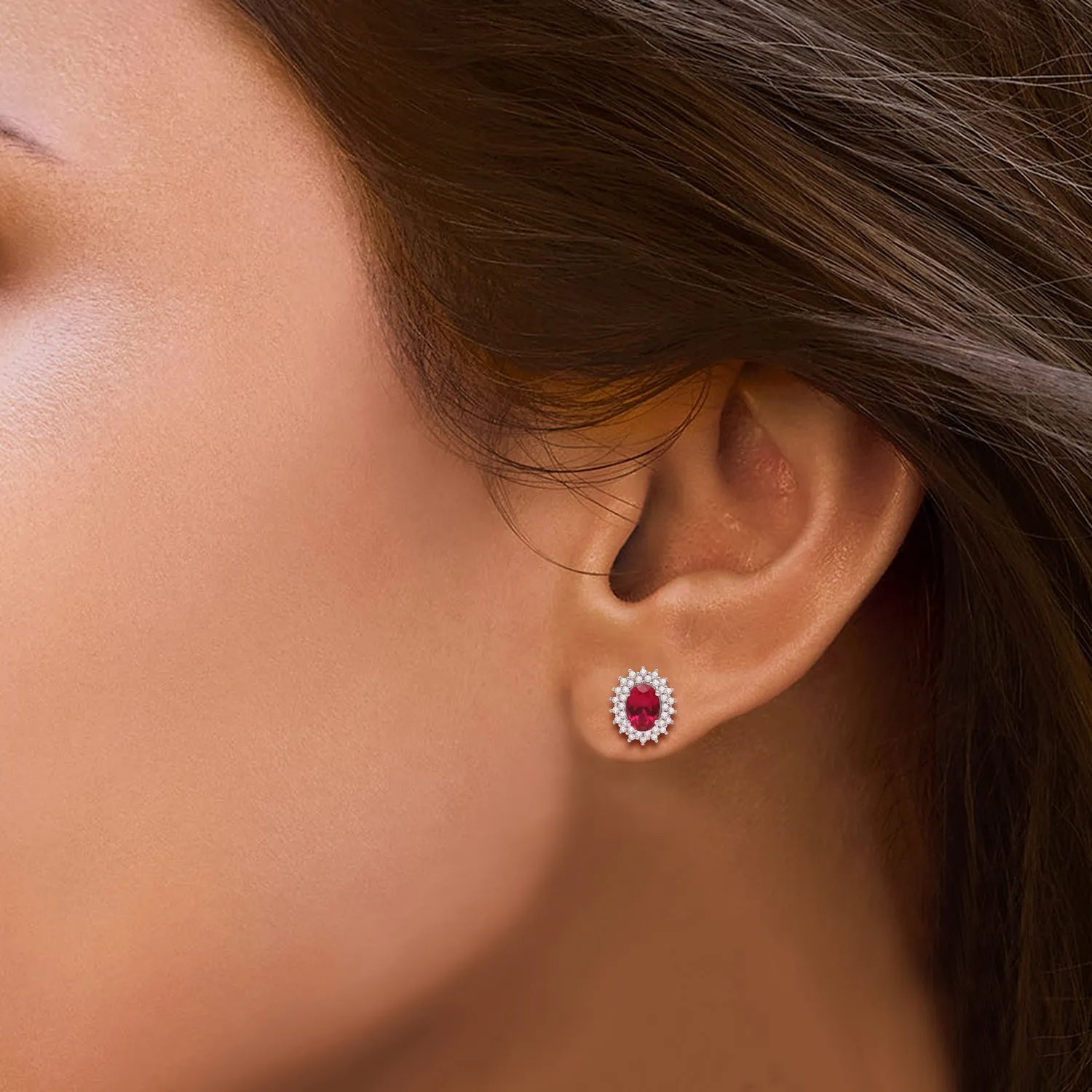 Jewelili Sterling Silver with Oval Shape Created Ruby and Round Created White Sapphire Stud Earrings