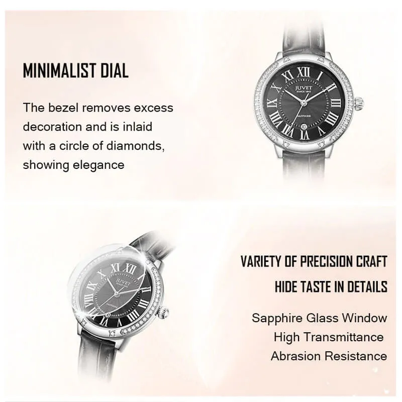 JUVET 7005 Minimalist Black Leather Strap Watch with Diamond Bezel - Dark Night A4