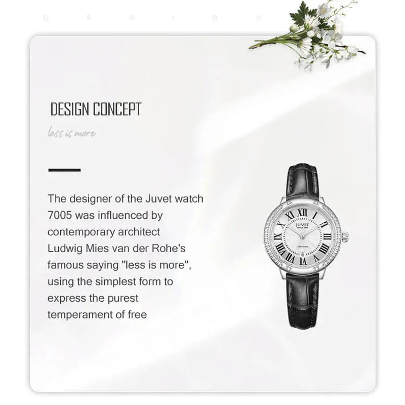 JUVET 7005 Minimalist Black Leather Strap Watch with Diamond Bezel - Dark Night A4