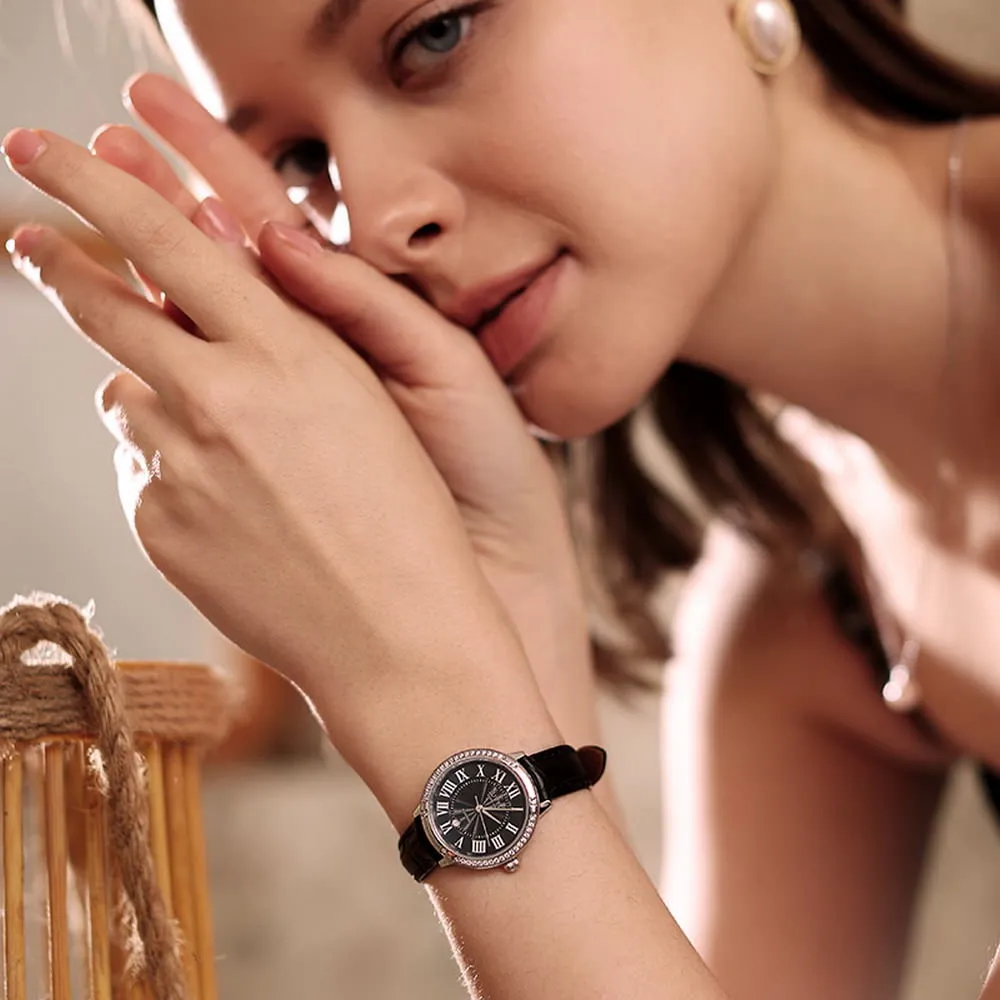 JUVET 7005 Minimalist Black Leather Strap Watch with Diamond Bezel - Dark Night A4