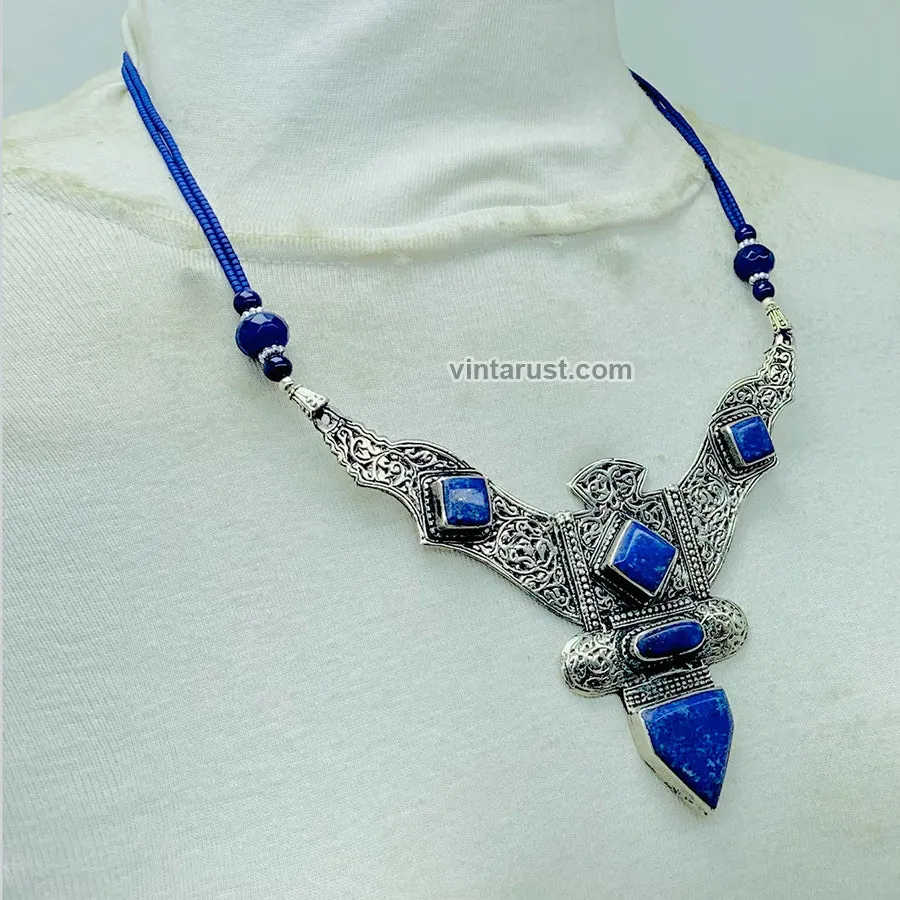 Lapis Lazui Nepalese Triangular Pendant Necklace, NLNT-01