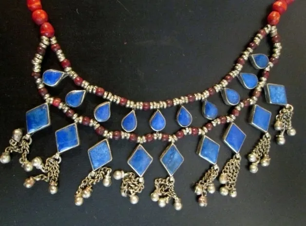 LAPIS LAZULI Inlay Tier Dangle Runway Ethnic NECKLACE TRIBAL Bib CLEOPATRA Style