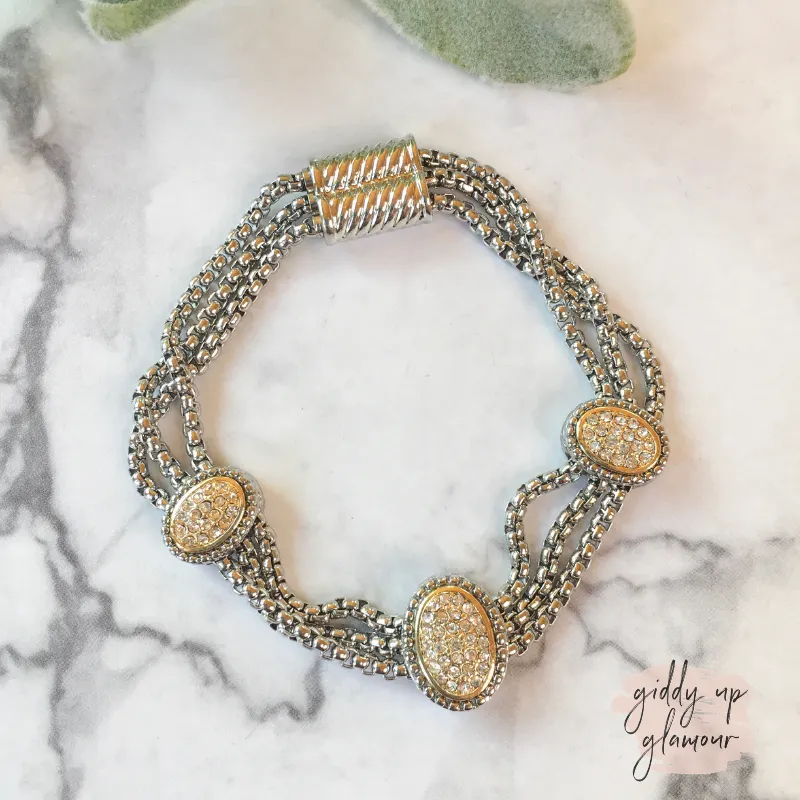 Layered Silver Chain Magnetic Bracelet with Two Toned Oval Charms with Crystals
