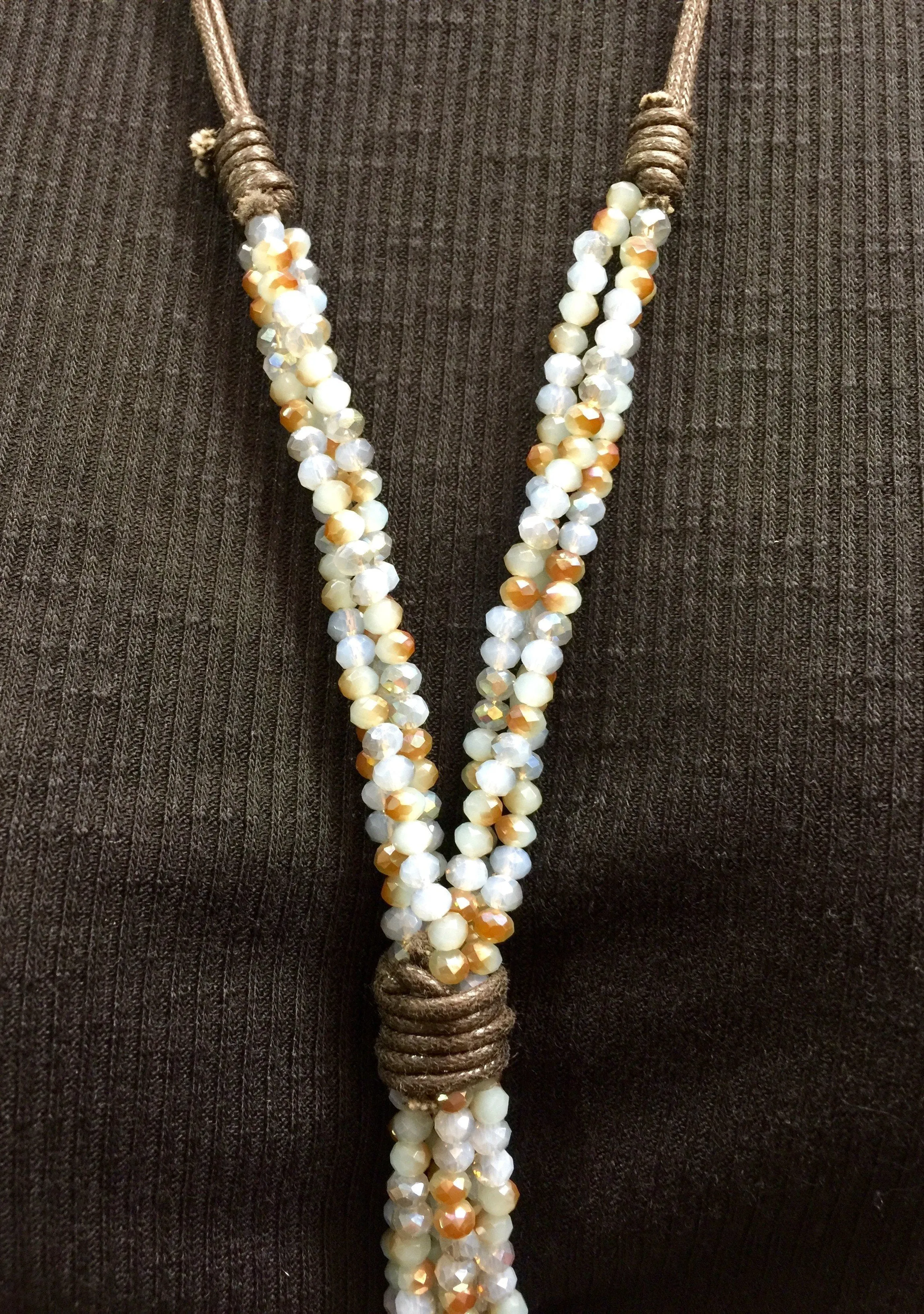 Leather and Crystal Long Dangle Necklace