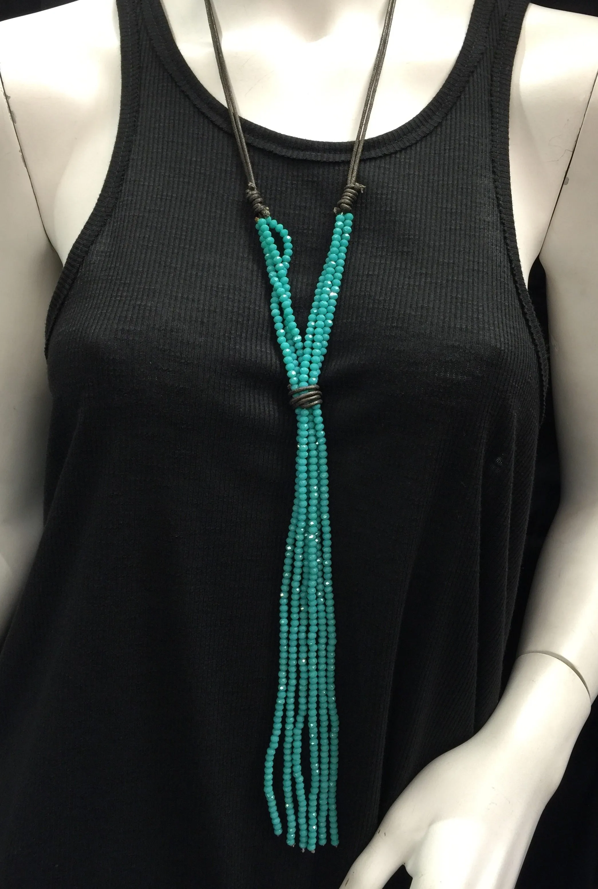 Leather and Crystal Long Dangle Necklace