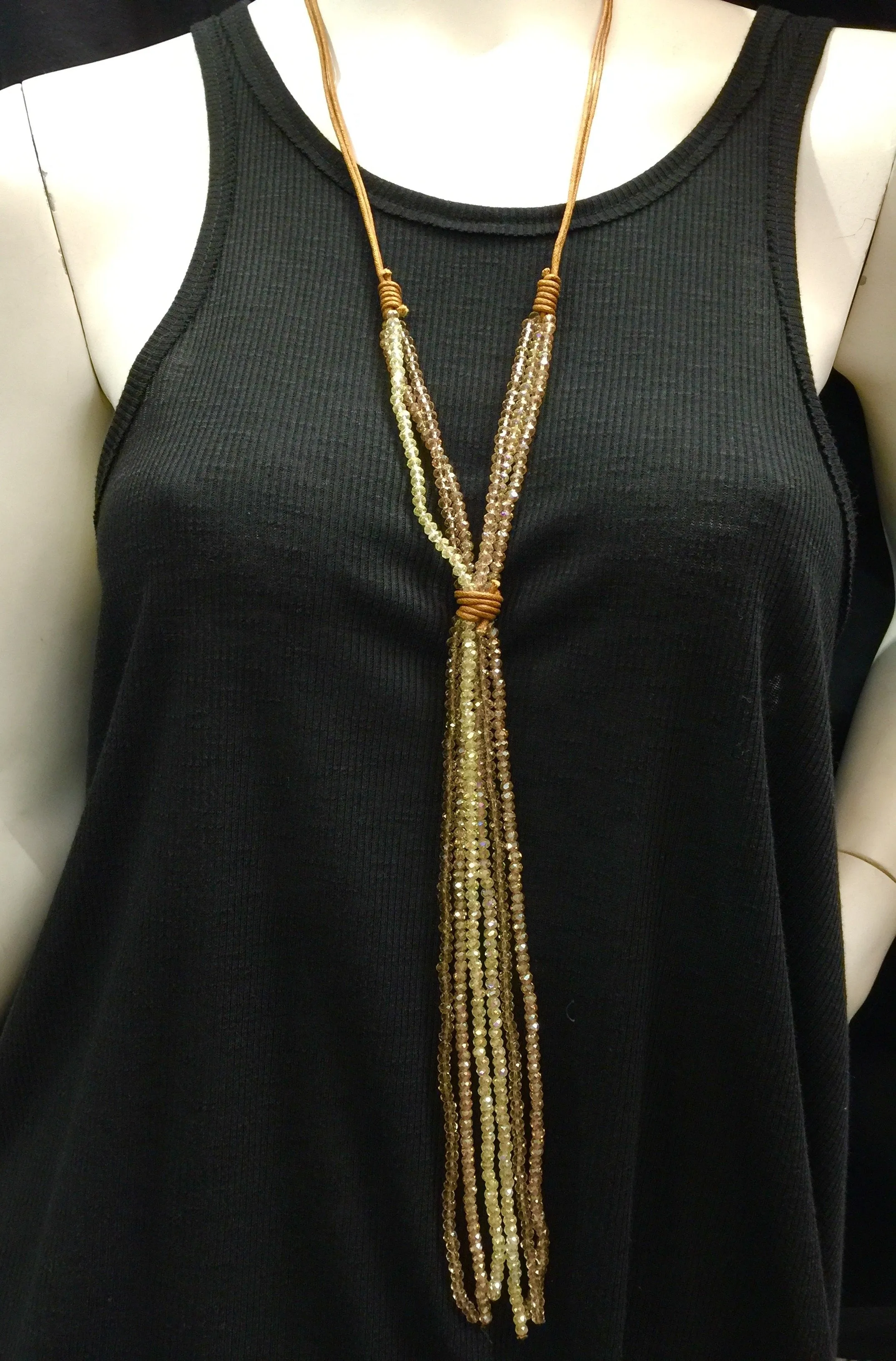 Leather and Crystal Long Dangle Necklace