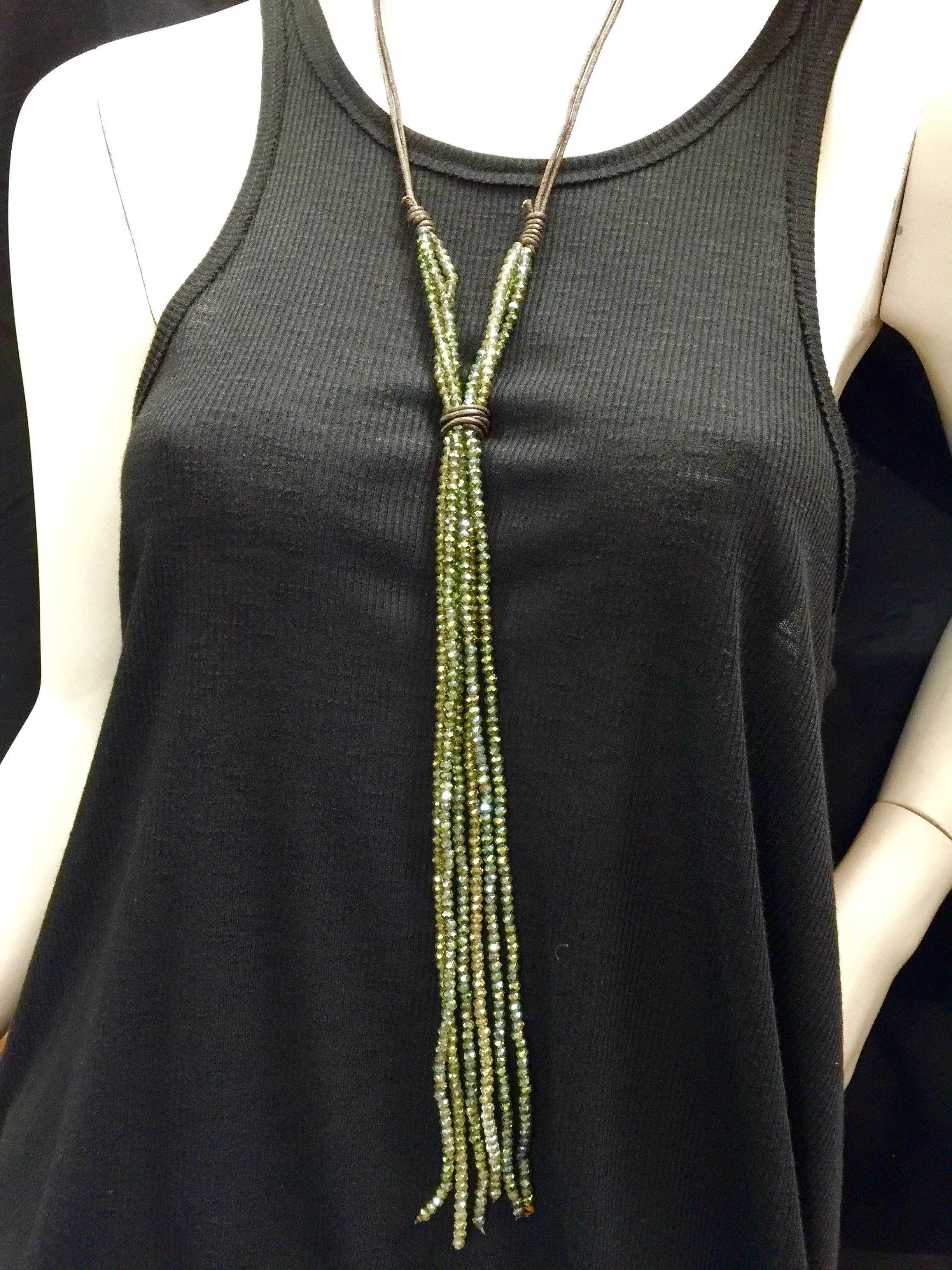Leather and Crystal Long Dangle Necklace