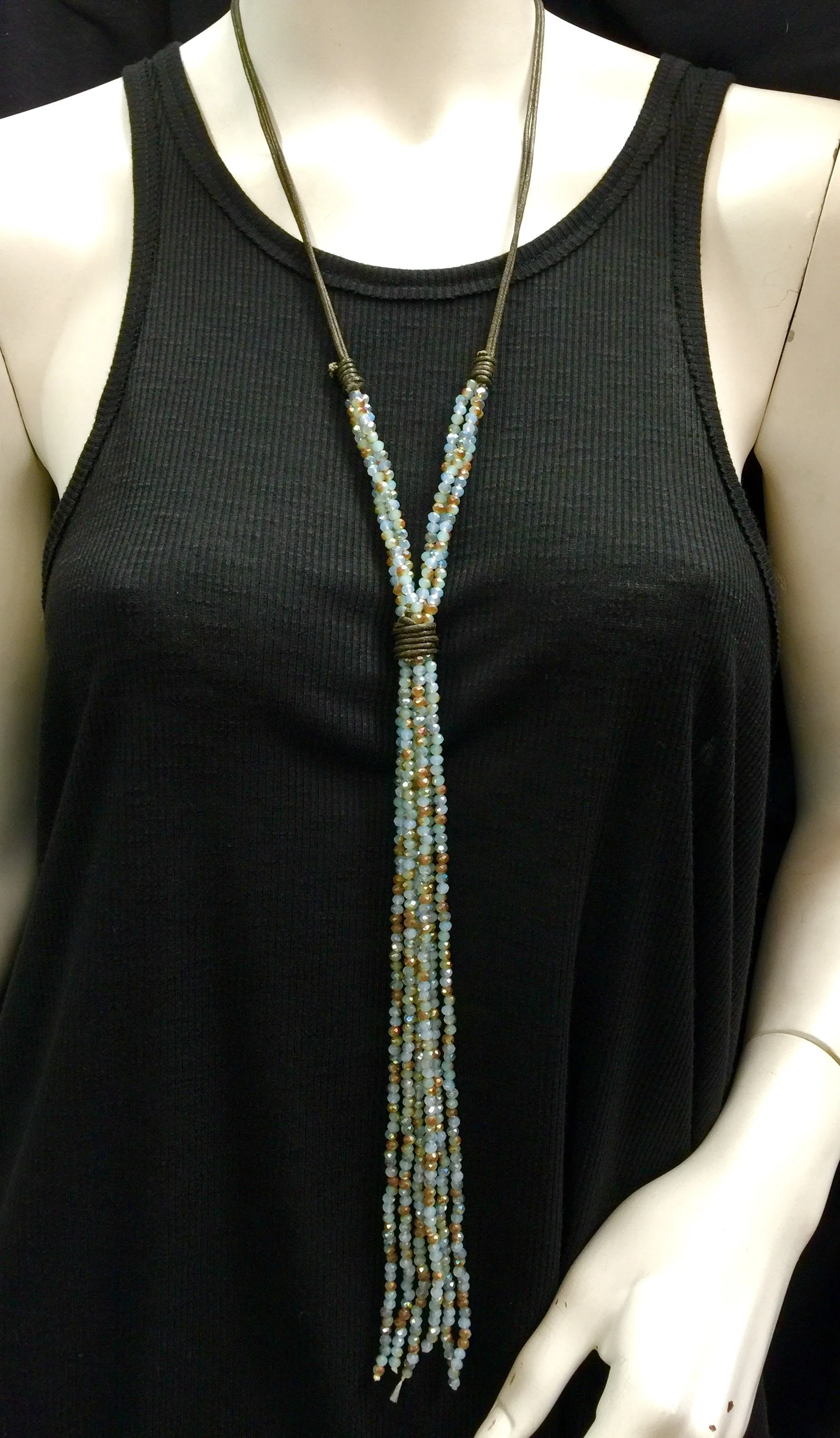Leather and Crystal Long Dangle Necklace