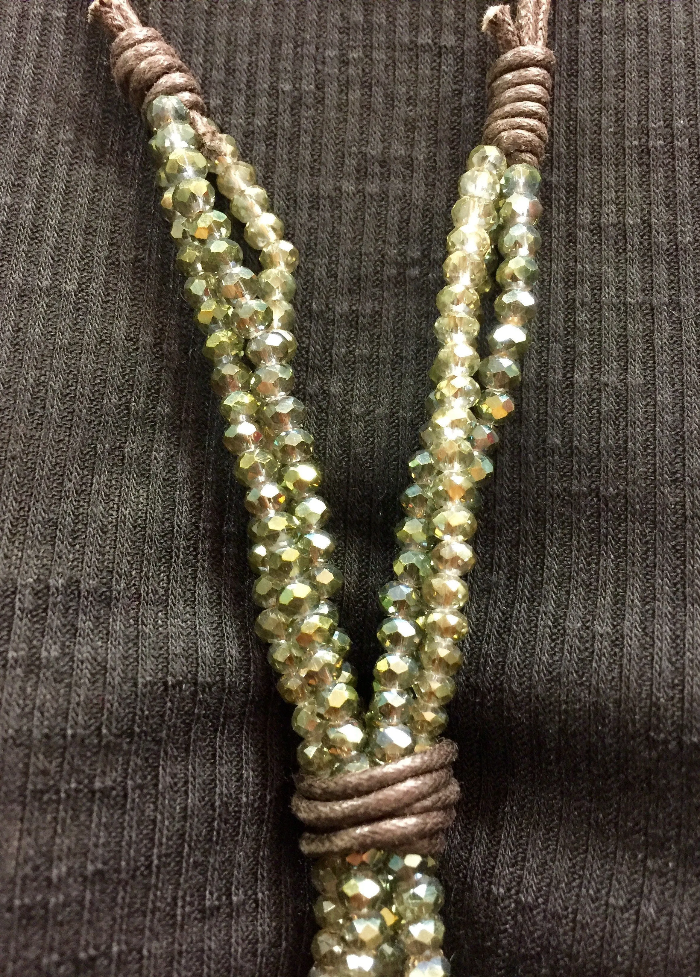 Leather and Crystal Long Dangle Necklace