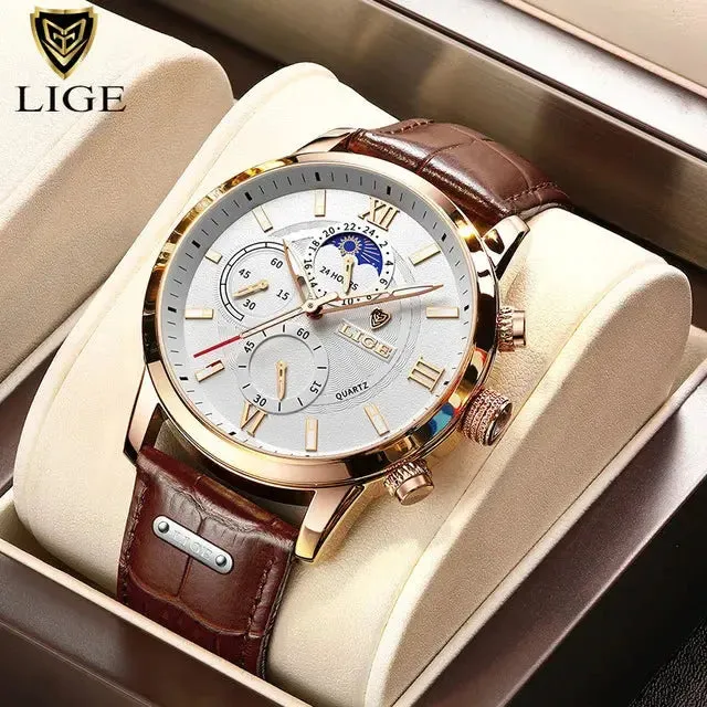 LIGE Luxury Leather Casual Quartz Watch