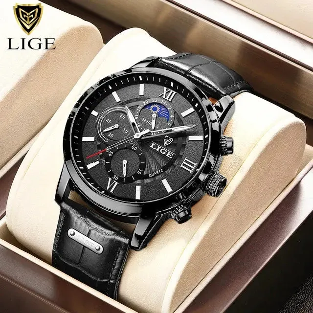LIGE Luxury Leather Casual Quartz Watch