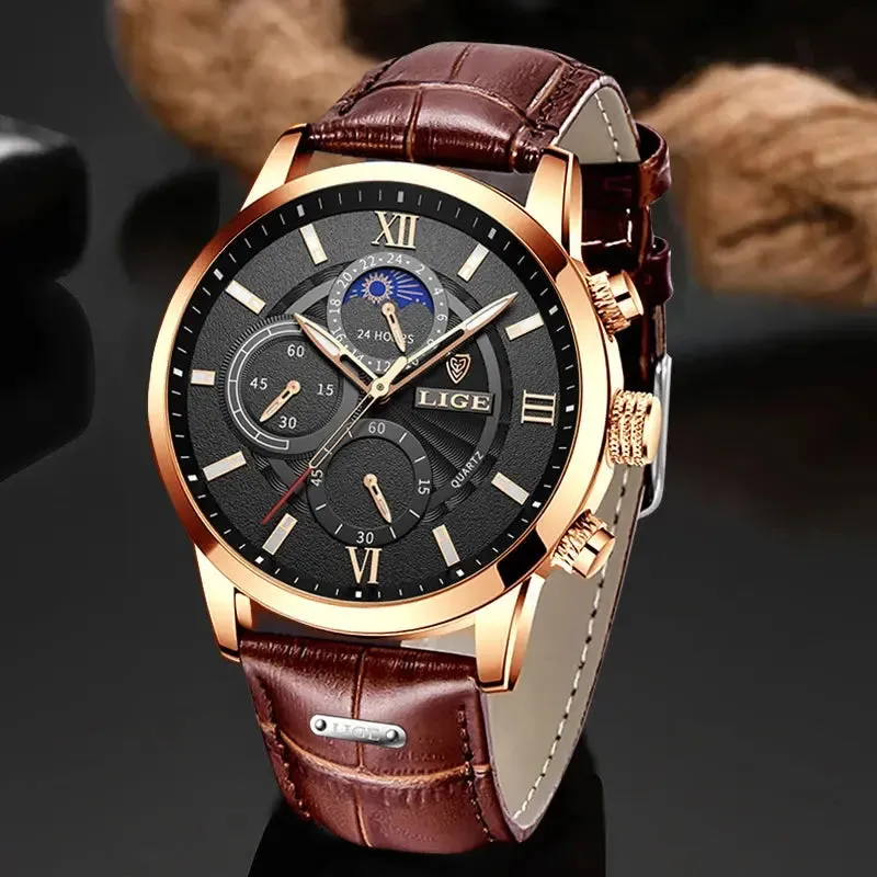 LIGE Luxury Leather Casual Quartz Watch
