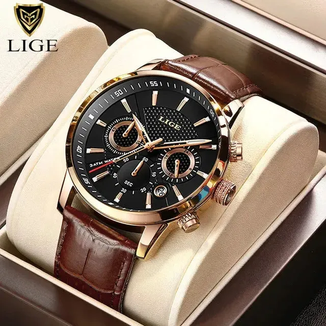 LIGE Luxury Leather Casual Quartz Watch