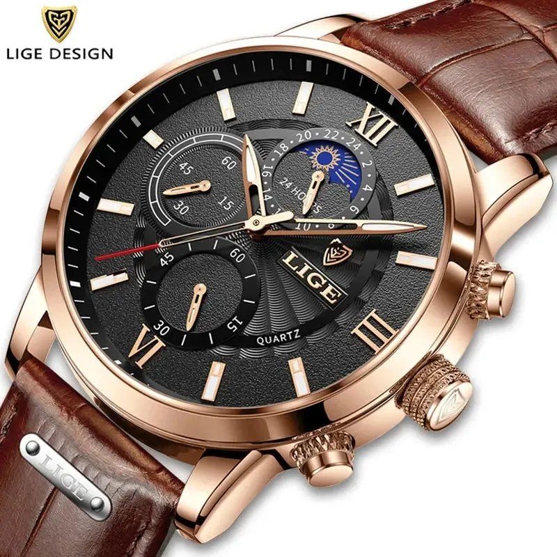 LIGE Luxury Leather Casual Quartz Watch