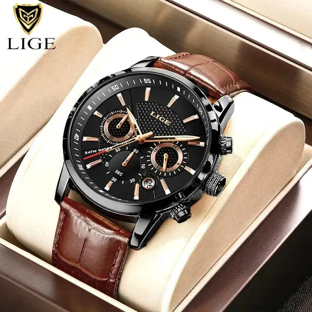 LIGE Luxury Leather Casual Quartz Watch