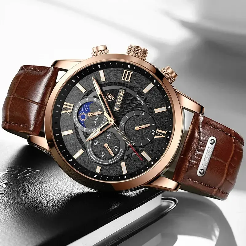 LIGE Luxury Leather Casual Quartz Watch