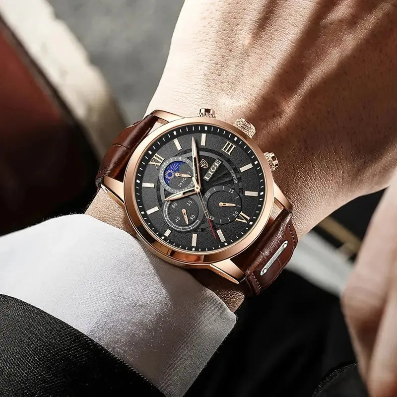 LIGE Luxury Leather Casual Quartz Watch