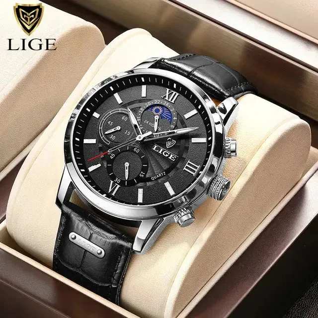 LIGE Luxury Leather Casual Quartz Watch