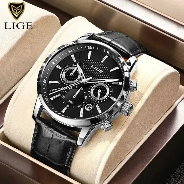 LIGE Luxury Leather Casual Quartz Watch