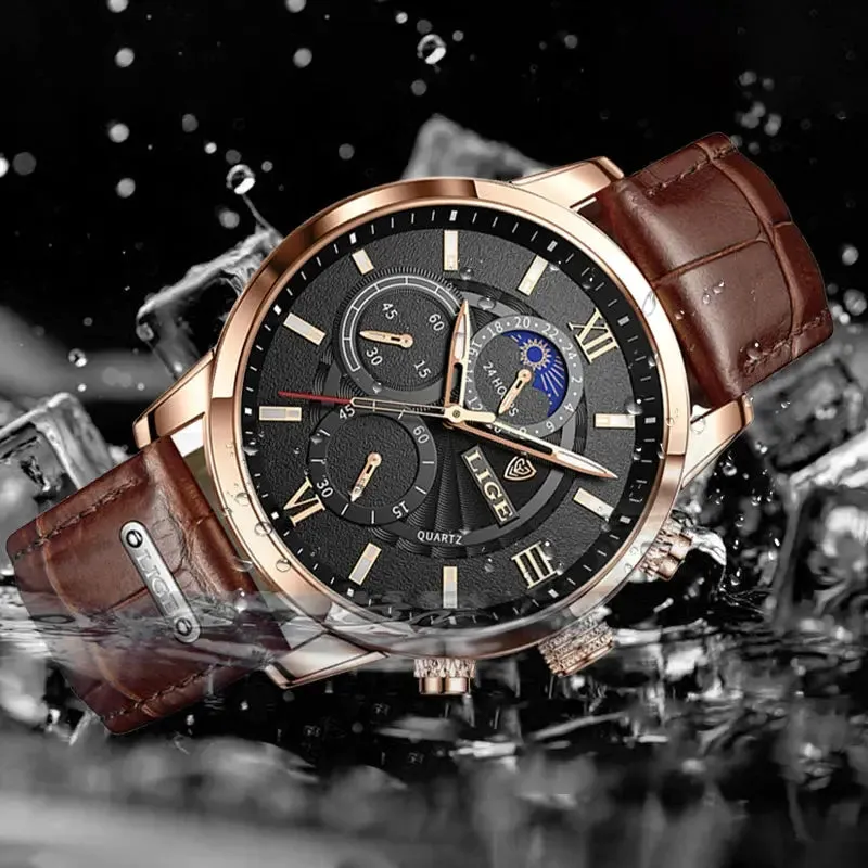 LIGE Luxury Leather Casual Quartz Watch