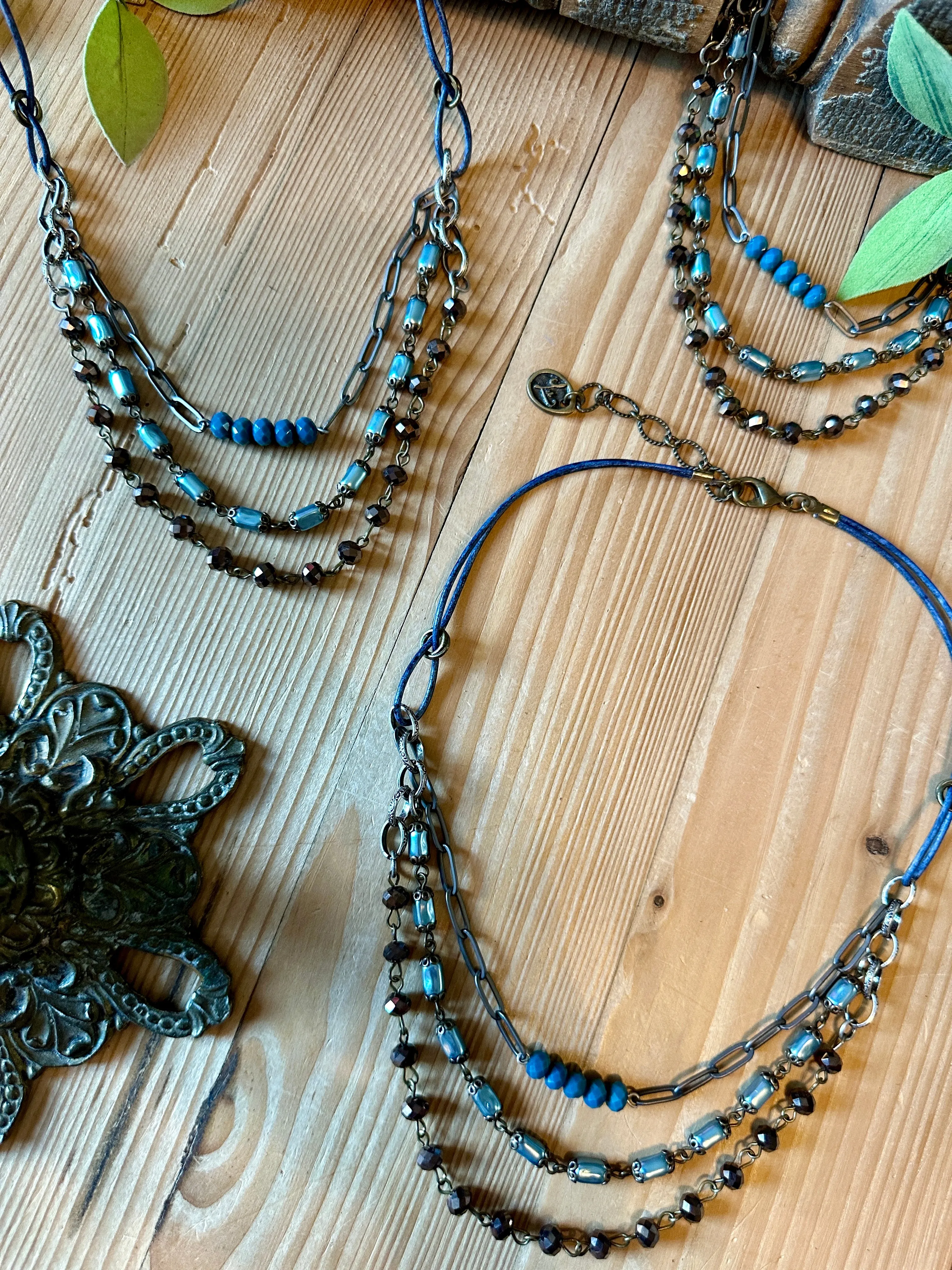 Mocha Dreams Triple Necklace with Blue Leather
