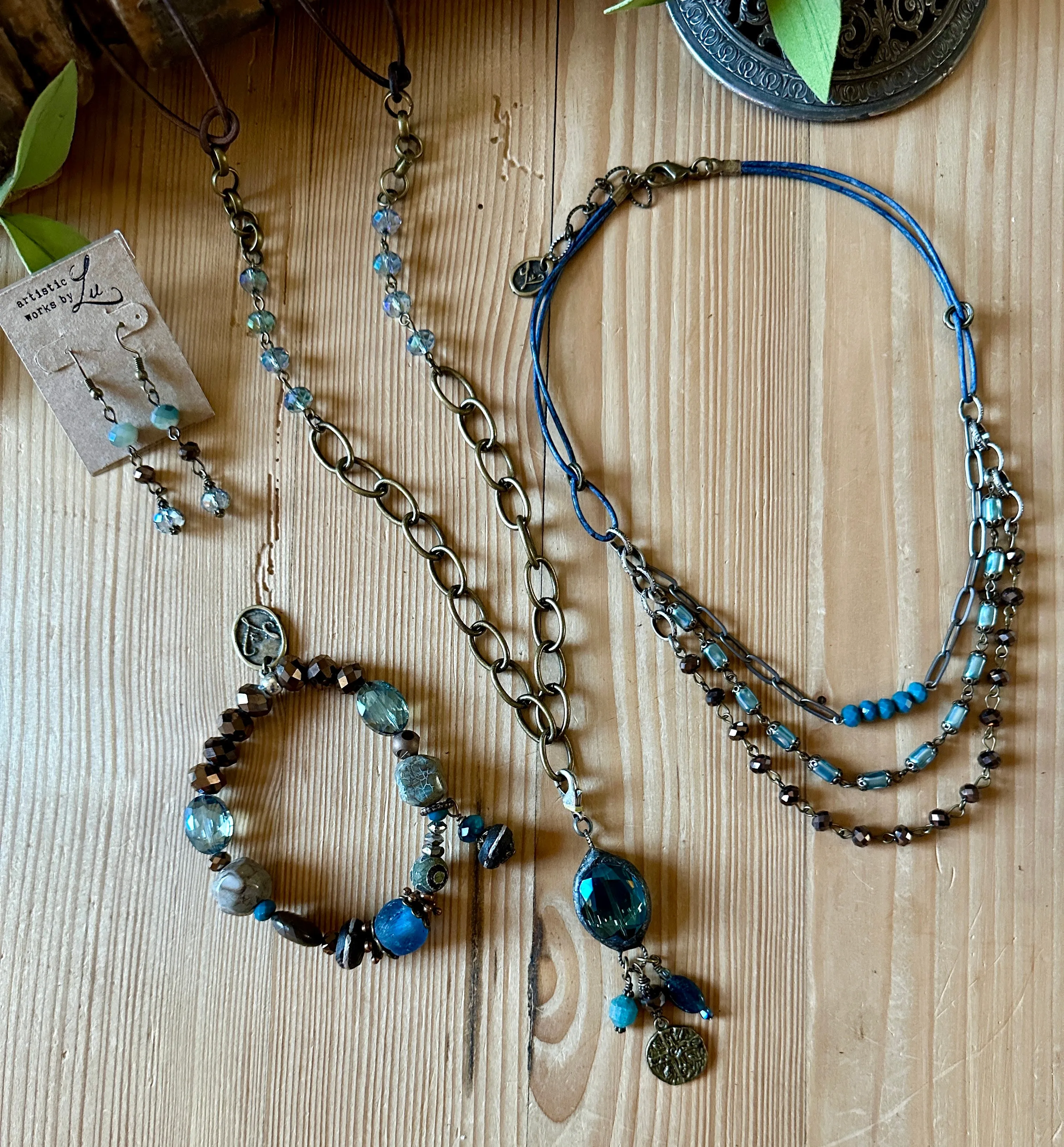 Mocha Dreams Triple Necklace with Blue Leather
