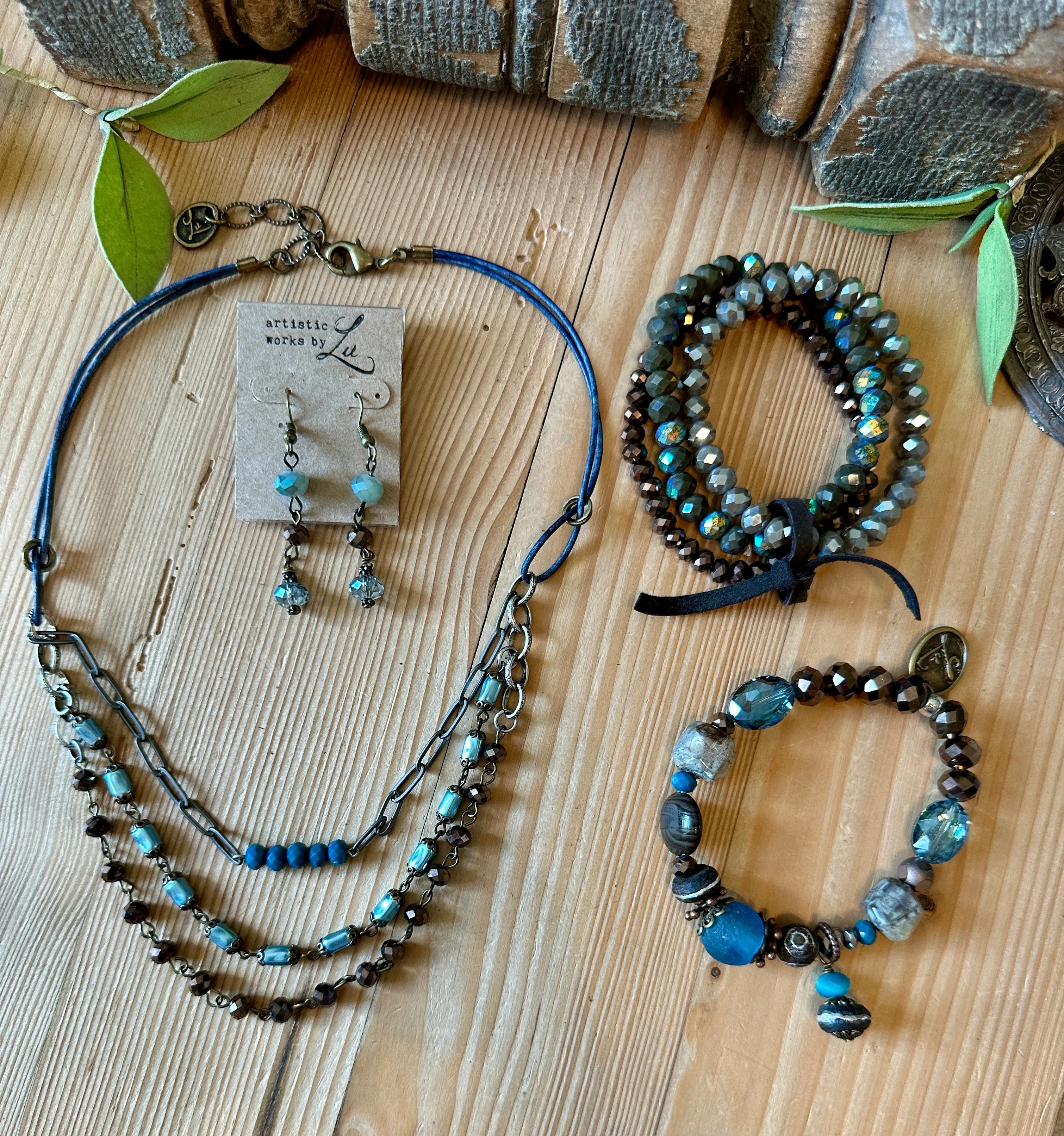 Mocha Dreams Triple Necklace with Blue Leather