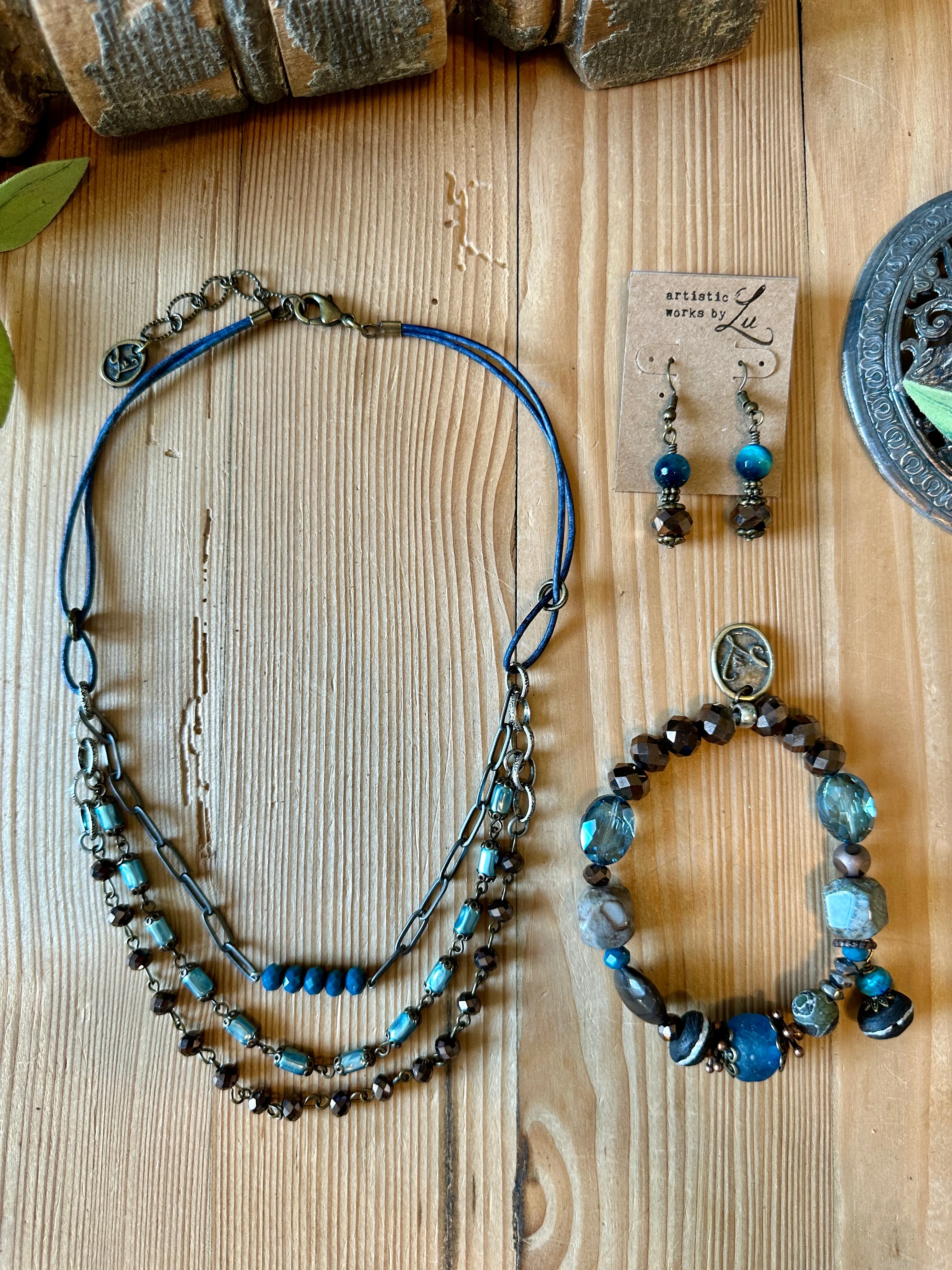 Mocha Dreams Triple Necklace with Blue Leather